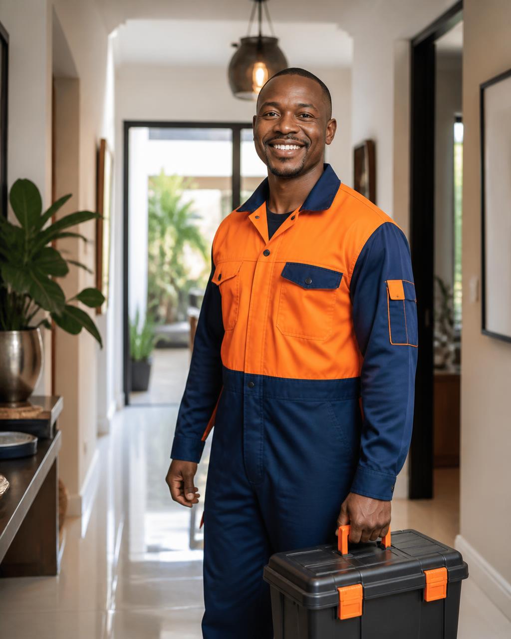 A verified MetaFix technician in orange and navy uniform arriving at a Johannesburg home