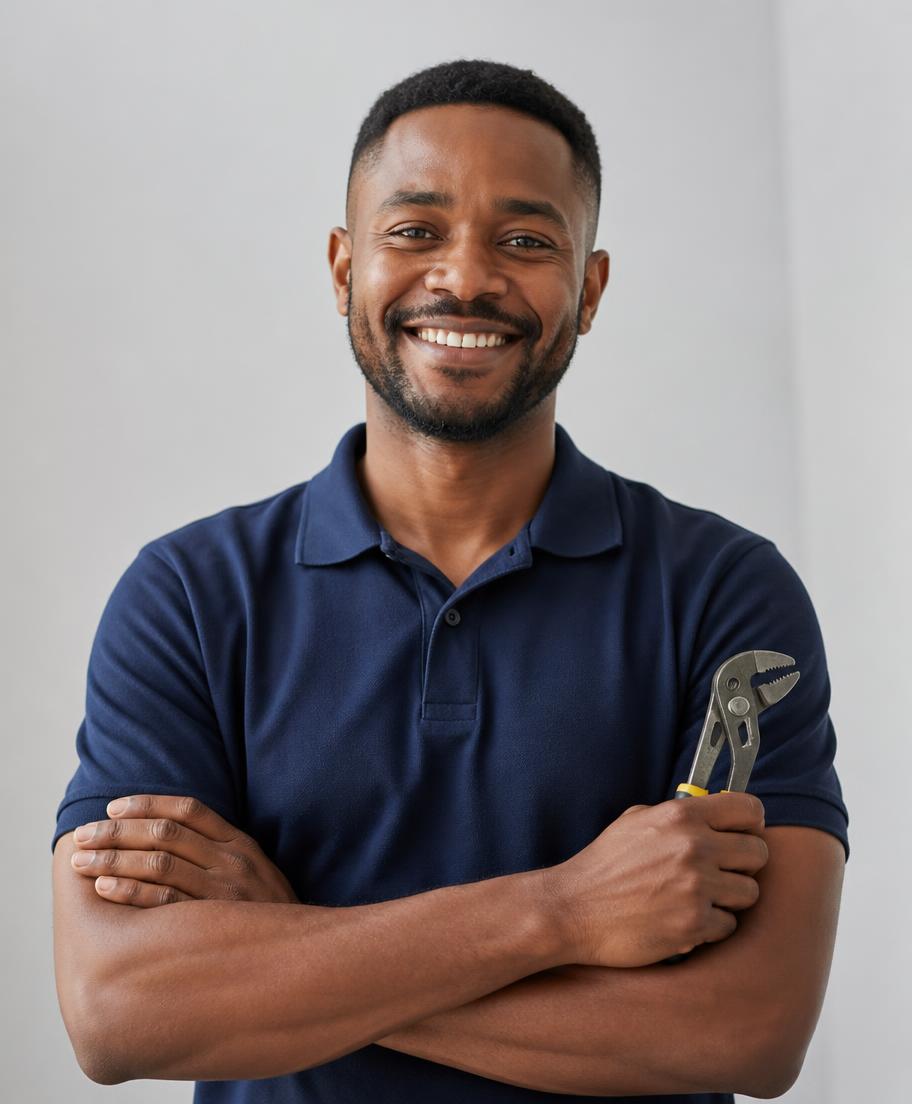 A smiling MetaFix technician in a navy polo shirt